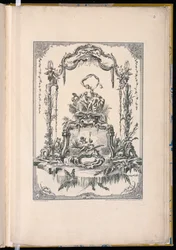 Ornamentpaneel met een Dubbele Cartouche die Venus of Thetis met Haar Nimfen en een Fontein Toont