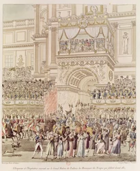 De keizer en de keizerin ontvangen de hulde van de Franse troepen vanaf het balkon van de Tuilerieën ter gelegenheid van hun huwelijk, gegraveerd door Charles Pierre Joseph Normand (1765-1840)