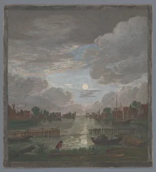 Gezicht op een kanaal in de omgeving van de stad Haarlem bij maanlicht