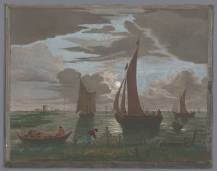Gezicht op een kust met schepen en boten op het water bij maanlicht