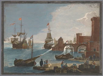 Gezicht op een zeehaven met schepen en boten op het water