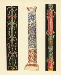 Decoratieve kandelabers in de Vierde Pompeïsche Stijl (1,3) en kolom van emailmozaïek (2), Pompeii