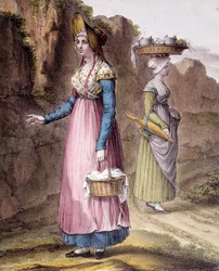 Traditionele klederdracht: een boer uit de omgeving van Lyon. Gravure door Carpentier
