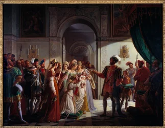 Francois I als gewapende ridder met zijn kleinzoon Francois II, vergezeld door zijn ouders Henry II en Catherine de Medici