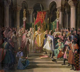 Filips Augustus (1165-1223) Koning van Frankrijk neemt de banier in St. Denis, 24 juni 1190, 1841