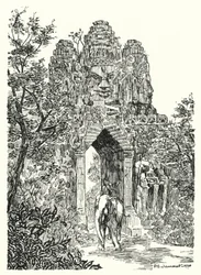 De noordelijke poort van Angkor-Thom (gravure)