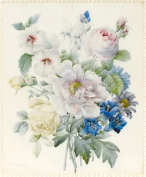 Een bos bloemen inclusief een pioenroos, rozen, hibiscus, asters, gentiaan en een denkbeeldige blauwe vlinder