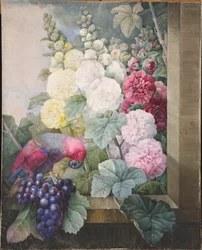 Stokrozen, druiven en een papegaai, 1836