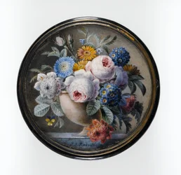 Schildpaddoos met een Miniatuur van Bloemen in een Stenen Vaas op een Marmeren Plaat, 1827