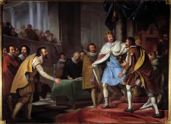 Ambassade van Maximiliaan van Bethune, hertog van Sully (1560-1641) naar koning James I Stuart in 1603. De ambassadeur van de Franse koning Hendrik IV kwam onderhandelen met de nieuwe koning van Engeland en bezocht hem in Hampton Court op 9/09/1603. Schild