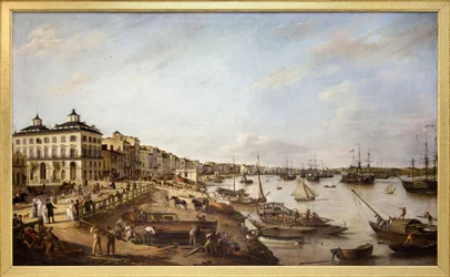 Uitzicht op een deel van de haven en de dokken van Bordeaux, bekend als de Chartrons en Bacalan, Olieverfschilderij op doek gemaakt in 1804 door Pierre Lacour Pere