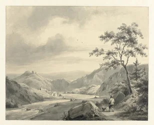 Heuvellandschap met jager met hond op pad