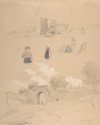 Studieblad met figuren en landschappen bij Arnemuiden nabij Middelburg, midden 19e eeuw