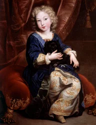 Portret van Philippe van Frankrijk, Hertog van Anjou (1683-1746) (toekomstige Filips V van Spanje) met zijn zwarte hond
