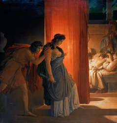 Clytaemnestra aarzelt voordat zij de slapende Agamemnon doodt