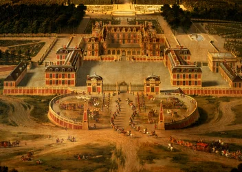 Gezicht op het kasteel, de tuinen en het park van Versailles vanaf de Avenue de Paris, detail van het kasteel, 1668, detail van 81242