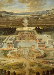 Gezicht op de tuinen van het paleis van Versailles, gezien vanaf de Avenue de Paris in 1668. Detail.