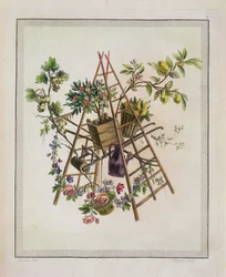Een tuin textielontwerp, uit Oeuvre contenant un Receuil de Trophees, Attributs, Cartouches, Vases, Fleurs, Ornemens, et Plusieurs Dessins agréables pour broder des Fauteuils, gegraveerd door Etienne C
