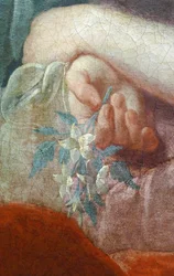Hand van een jonge vrouw die een bloeiende tak vasthoudt. Detail van Portret van Madame Poulhariex en haar dochter, rond 1728