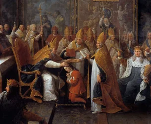 De kroning van Lodewijk XV. Koning Lodewijk XV (1710-1774) werd op 25/10/1722 in de kathedraal van Reims gekroond en gezalfd door de aartsbisschop van Reims, in aanwezigheid van de regent, de hertog van Orléans (1674-1723), en een grote menigte. Detail