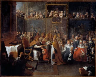 De kroning van Lodewijk XV. Koning Lodewijk XV (1710-1774) werd op 25/10/1722 in de kathedraal van Reims door de aartsbisschop van Reims gekroond en gezalfd, in aanwezigheid van de regent, de hertog van Orléans (1674-1723), en een grote menigte