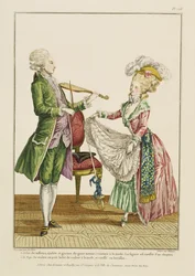 Een heer die viool speelt terwijl een dame danst, gegraveerd door J. Pelicier