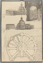 Plattegrond en Drie Zichten van een Cirkelvormige Kerk