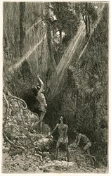 Suno-indianen, van de oevers van de Napo-rivier (Amazone), jagen met blaaspijpen. Gravure door Vignal, ter illustratie van het verhaal 