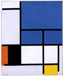 Compositie met groot blauw vlak, rood, zwart, geel en grijs