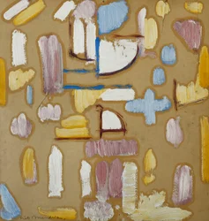 Compositie met roze, blauw, geel en wit (Kerkgevel), ca. 1912