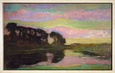 Landschap met bomenrij links