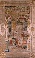 Vlaamse wandtapijt. Serie Vertumnus en Pomona. Vertumnus getransformeerd in een boer. Tweede wandtapijt in de serie. Linker deel de transformatie van Daphne. Model Kring van Pieter Coecke van Aelst. Fabrikant Wilhelm Pannemaker, Brussel. Ca 1545-1550.