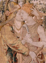Vlaamse wandtapijt. Serie Vertumnus en Pomona. Vertumnus kust Pomona. Zevende wandtapijt in de serie. Model Kring van Pieter Coecke van Aelst. Fabrikant Wilhelm Pannemaker, Brussel. Ca 1545-1550.