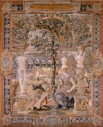 Vlaamse wandtapijt. Serie Vertumnus en Pomona. Vertumnus veranderd in een oude vrouw. Zesde wandtapijt in de serie. Model Cirkel van Pieter Coecke van Aelst. Atelier Wilhelm Pannemaker, Brussel. Ca 1545-1550