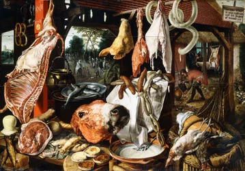 Een slagerskraam met de Heilige Familie op de vlucht naar Egypte