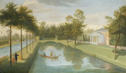 Uitzicht op de Tempel bij het water, met het bassin en het lange kanaal, Chiswick Villa