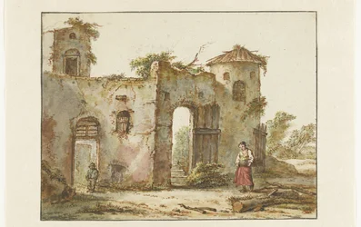 Vervallen gebouw met rechts een houtsprokkelaarster