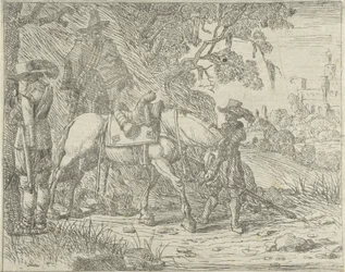 Gezadeld paard met soldaten