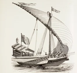 Pontificale galei met zeilen, roeispanen en zware artillerie, ca. 1808