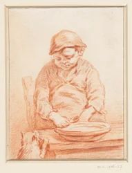Pap etende jongen, met poes