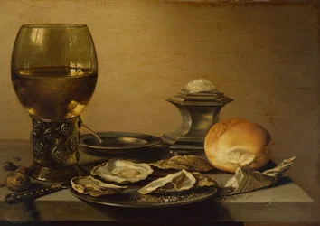 Een ontbijt stilleven van oesters, zout brood en noten