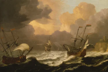 Onrustige zee met drie schepen