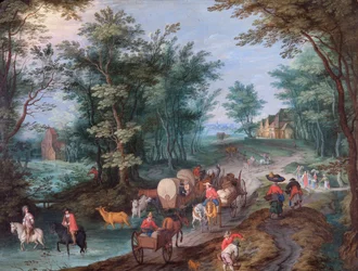 Landschap met figuren die een beek oversteken