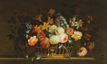 Stilleven van bloemen in een mand op een stenen richel