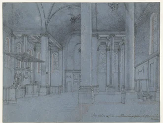 Zicht op het interieur van de Nieuwe Kerk, Haarlem, gezien vanaf het oostelijke uiteinde van het noordelijke schip naar het westen