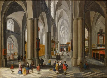 Interieur van een kathedraal met figuren, 1640-1660