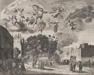 Karel II komt Den Haag binnen in een koets met rechts het Mauritshuis, uit 