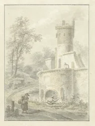Landschap met hengelaar en wandelende vrouw bij een vestingtoren