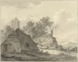 Landschap met twee boerderijen en een kerktoren