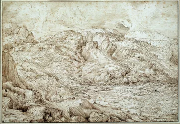 Landschap van de Alpen. Tekening van Pieter Bruegel de Oude (1525-1569). Vlaamse school.